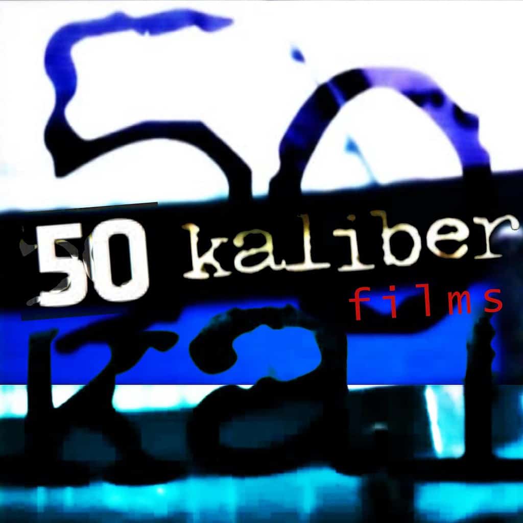 50 kaliber films logo with a stylized '50' in the background, white and red text, and a blue accent.