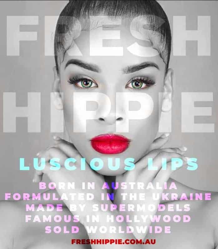 Monochrome portrait with red lips, featuring "Fresh Hippie Luscious Lips" branding and product details. Website: freshhippie.com.au.